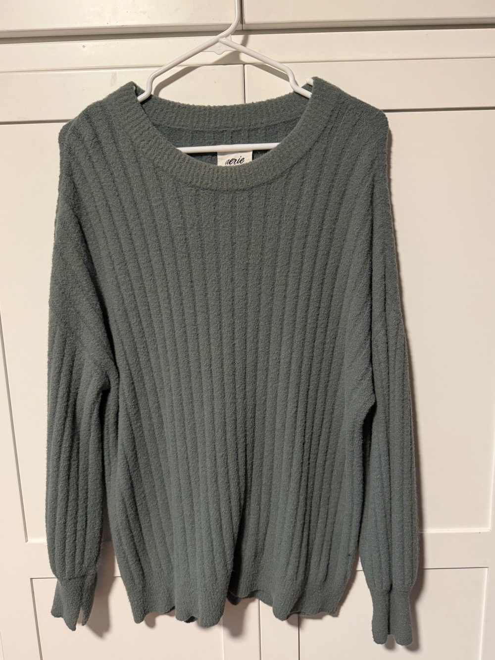 aerie Oversized Ribbed Crewneck Sweater in Sage Green